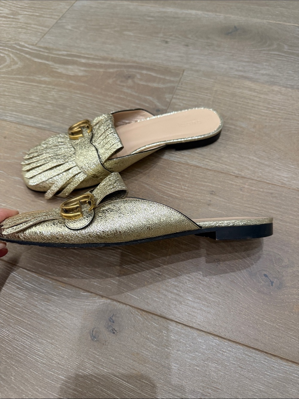 Gold Fringe Leather Slide Mules with Double-G Accent - Picture 2 of 4